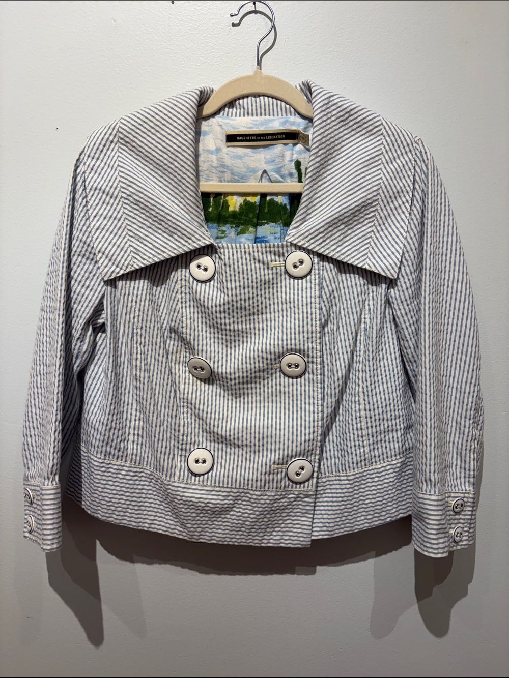 Striped Double-Breasted Pea Coat - Light Gray/White